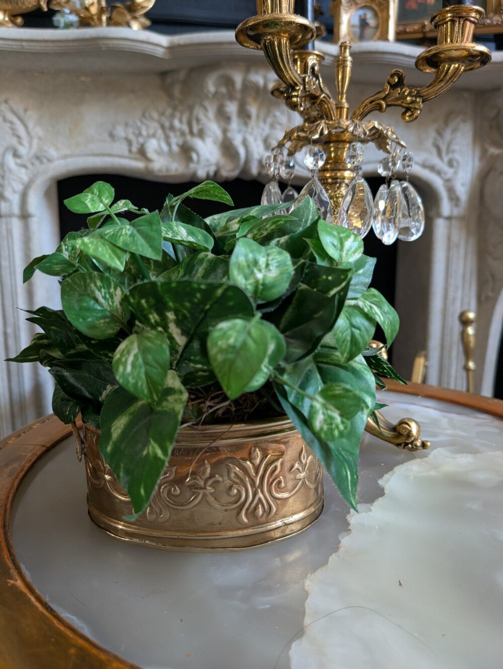 Vintage Polished Gold Brass Ornate Planter Bowl Container w/ handle & faux potho
